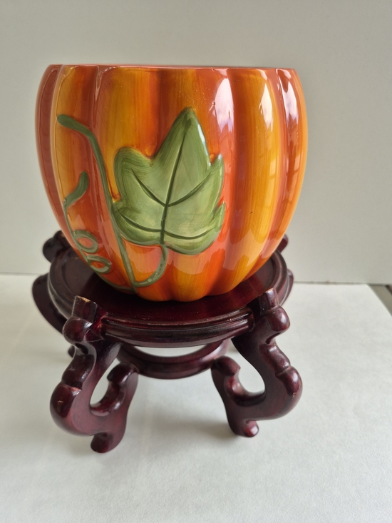 Other - Orange Ceramic Pumpkin Planter with Stopper. Painted Green Leaf